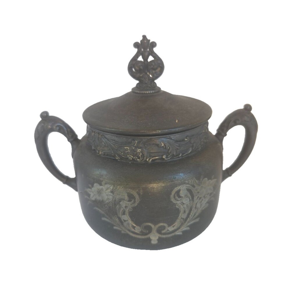 Antique Etched Sugar Bowl Homan Silver Plate Co Quadruple Plate Floral 1800s
